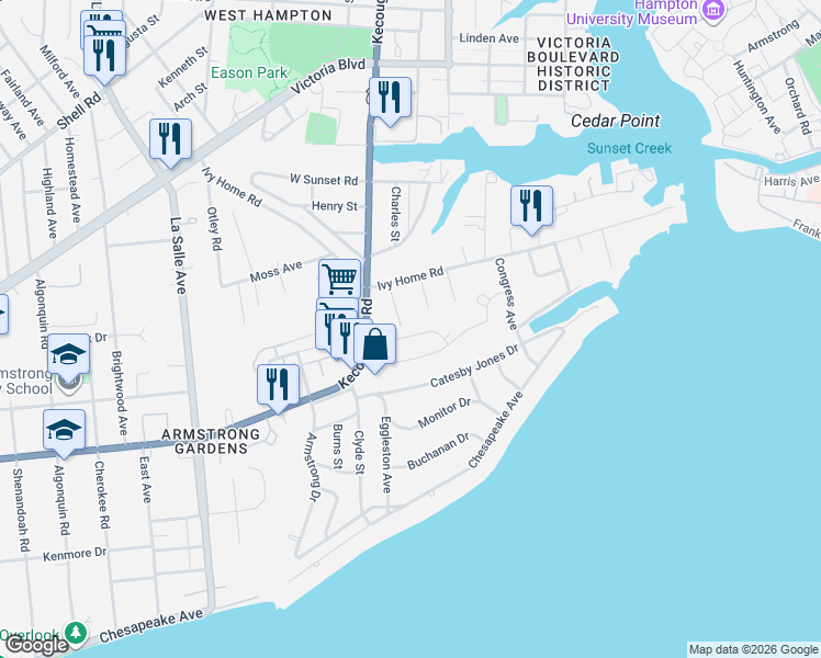 map of restaurants, bars, coffee shops, grocery stores, and more near 26 Regal Way in Hampton