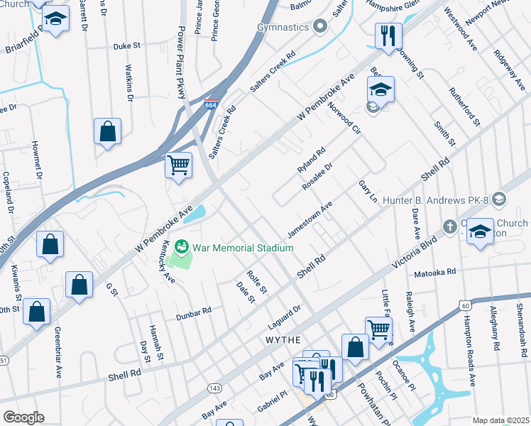 map of restaurants, bars, coffee shops, grocery stores, and more near 712 Teach Street in Hampton