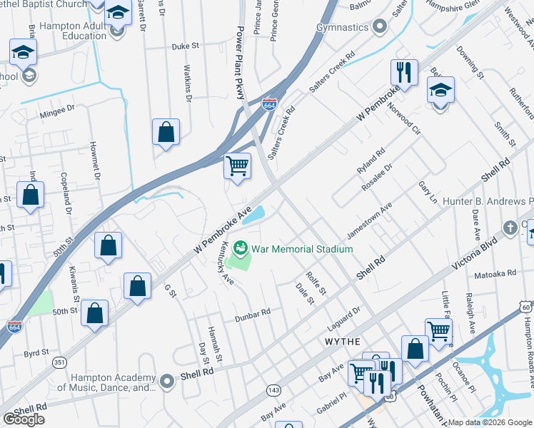 map of restaurants, bars, coffee shops, grocery stores, and more near 12 Salters Creek Road in Hampton