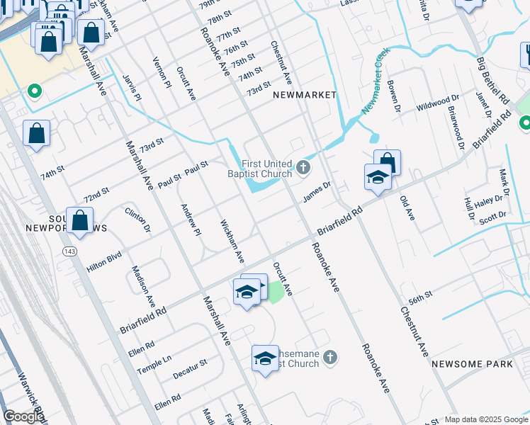 map of restaurants, bars, coffee shops, grocery stores, and more near 904 James Drive in Newport News
