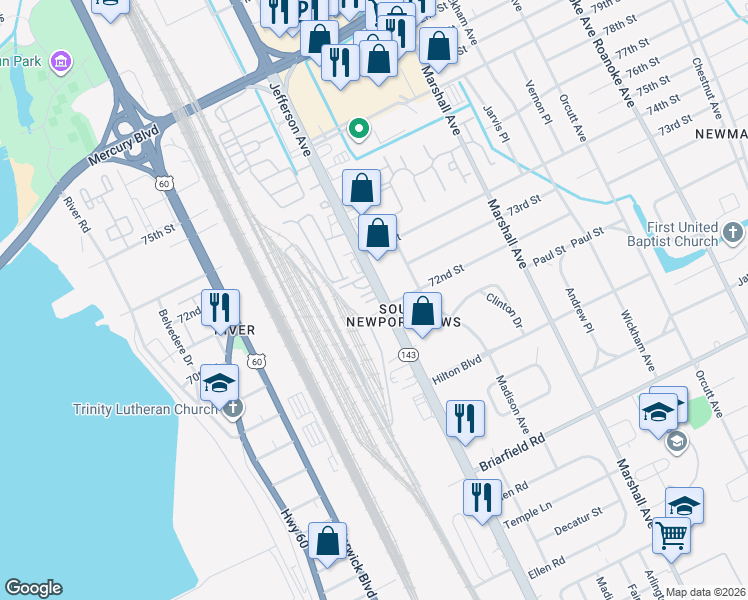 map of restaurants, bars, coffee shops, grocery stores, and more near 5933 Jefferson Avenue in Newport News