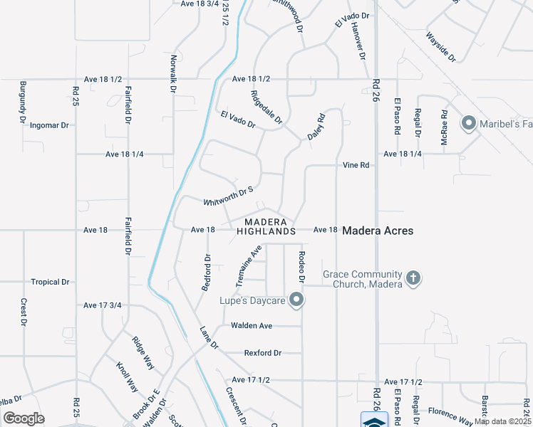 map of restaurants, bars, coffee shops, grocery stores, and more near 25626 Avenue 18A in Madera