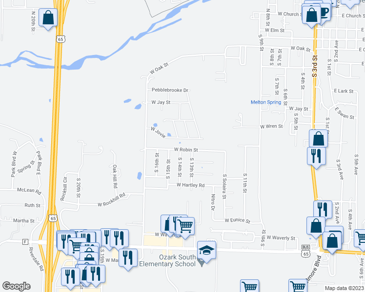 map of restaurants, bars, coffee shops, grocery stores, and more near 1311 West Robin Street in Ozark