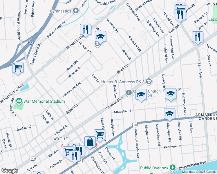 map of restaurants, bars, coffee shops, grocery stores, and more near 460 Raleigh Avenue in Hampton