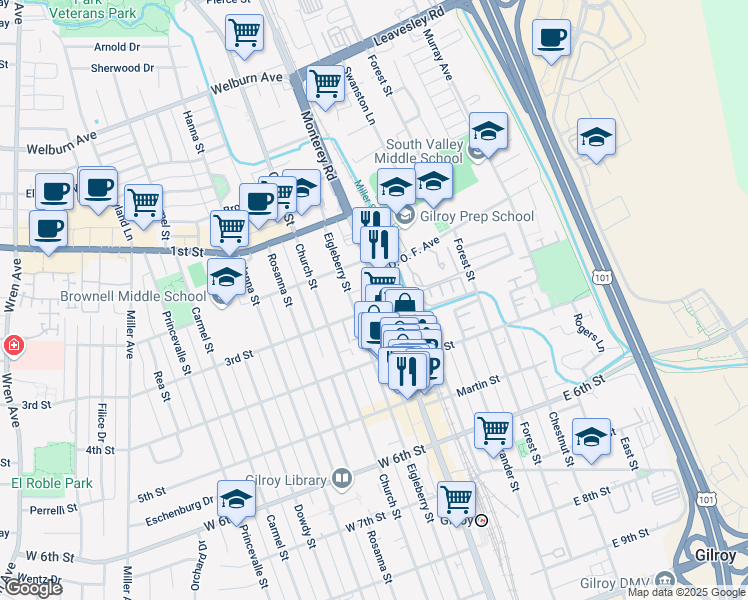 map of restaurants, bars, coffee shops, grocery stores, and more near 7711 Monterey Street in Gilroy