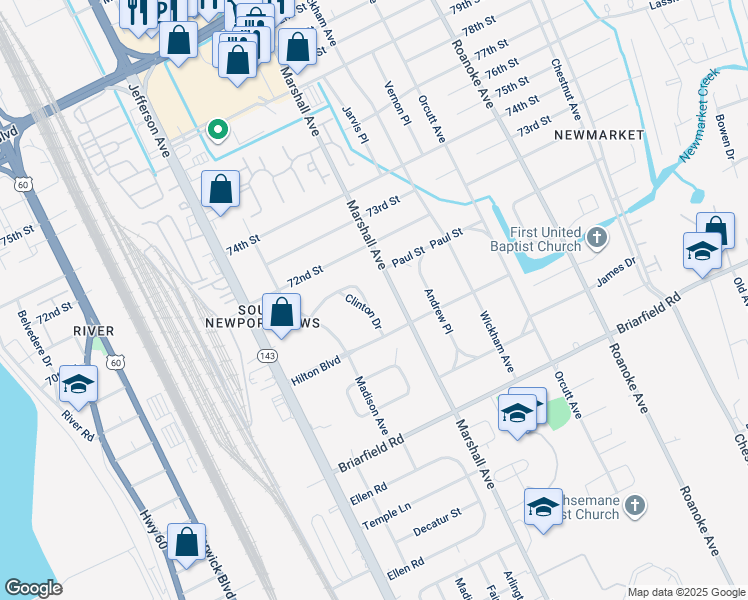 map of restaurants, bars, coffee shops, grocery stores, and more near 645 Clinton Drive in Newport News