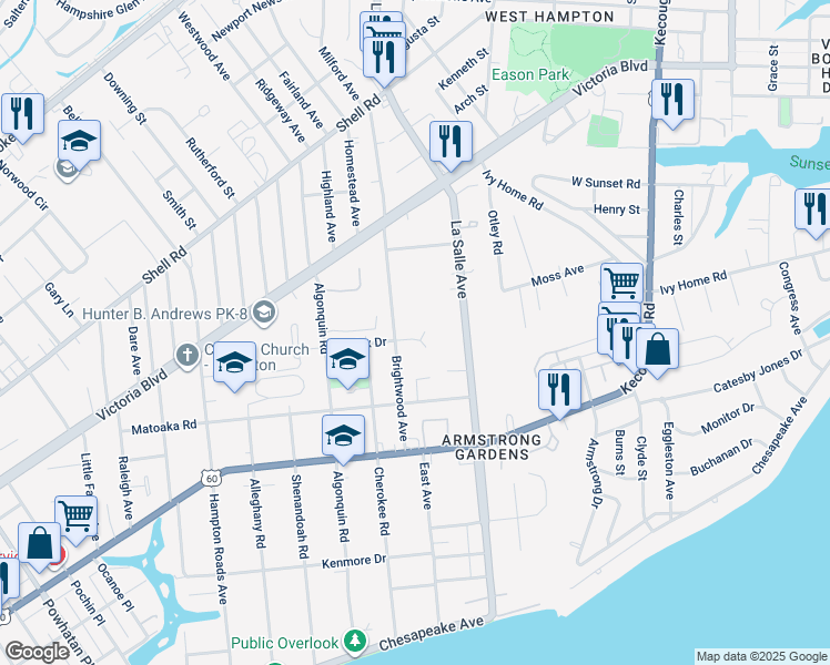 map of restaurants, bars, coffee shops, grocery stores, and more near 3603 Fairfax Drive in Hampton