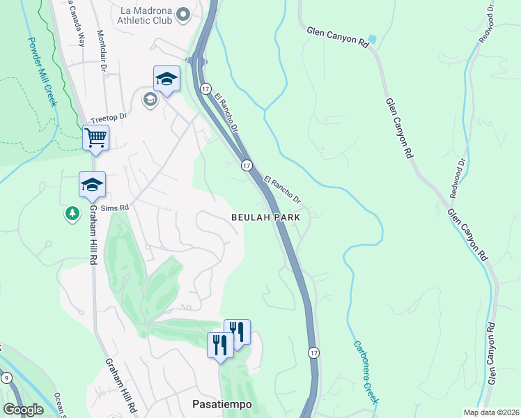 map of restaurants, bars, coffee shops, grocery stores, and more near 1239 La Madrona Drive in Santa Cruz