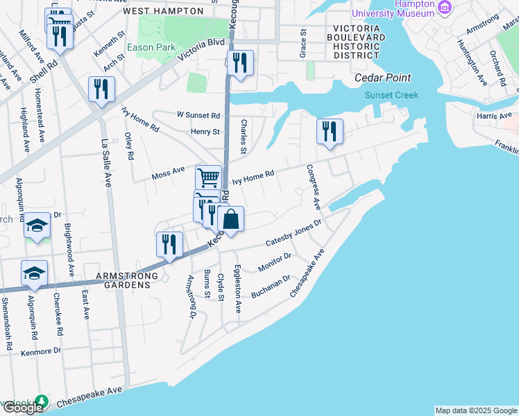 map of restaurants, bars, coffee shops, grocery stores, and more near 12 Elizabeth Road in Hampton