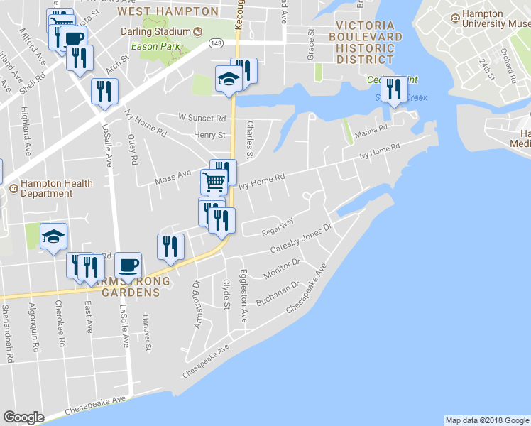 map of restaurants, bars, coffee shops, grocery stores, and more near 12 Elizabeth Road in Hampton
