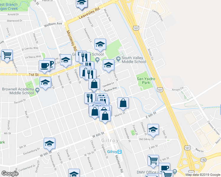 map of restaurants, bars, coffee shops, grocery stores, and more near 7691 Forest Street in Gilroy