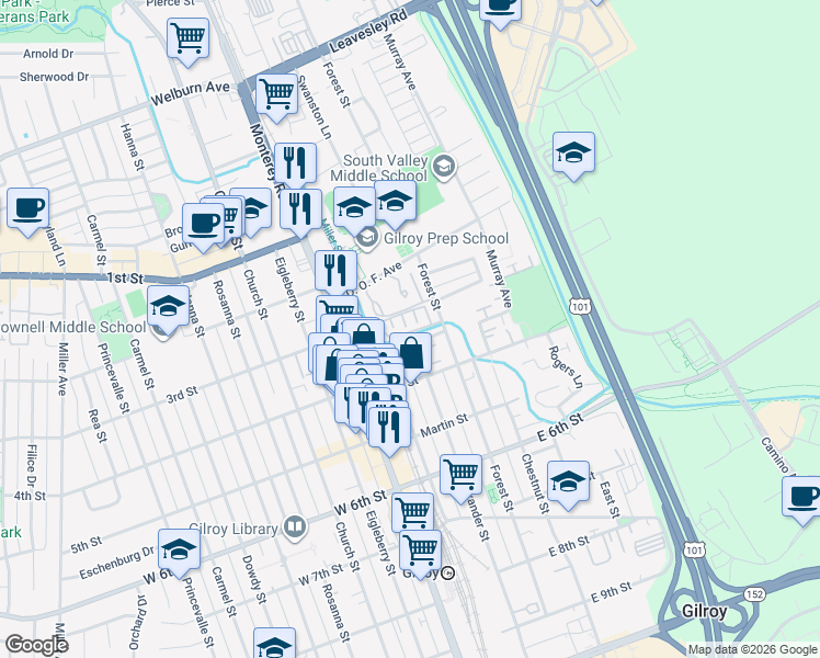 map of restaurants, bars, coffee shops, grocery stores, and more near 160 Sarafina Way in Gilroy