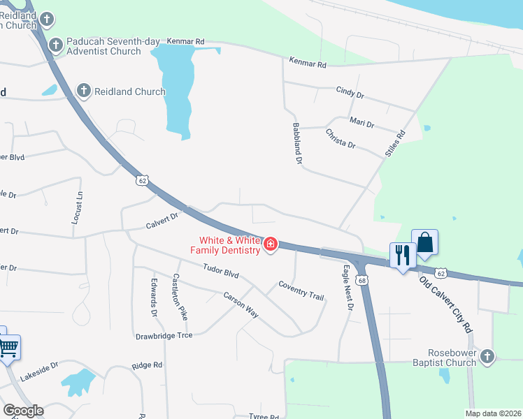 map of restaurants, bars, coffee shops, grocery stores, and more near 522 Calvert Drive in Paducah