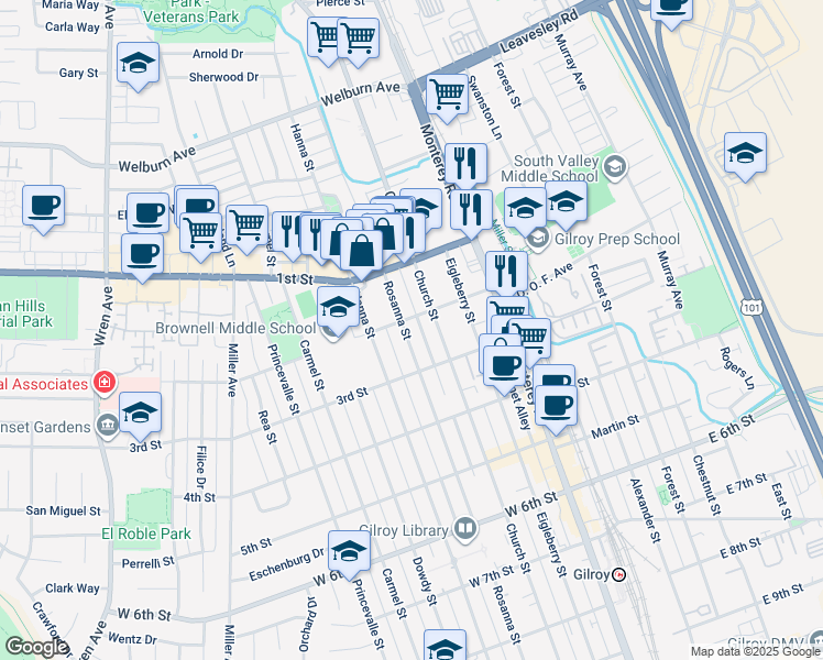 map of restaurants, bars, coffee shops, grocery stores, and more near 7780 Rosanna Street in Gilroy