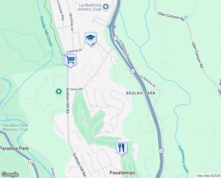 map of restaurants, bars, coffee shops, grocery stores, and more near 243 Sims Road in Santa Cruz