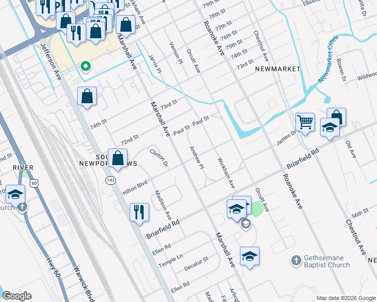map of restaurants, bars, coffee shops, grocery stores, and more near 5935 Andrew Place in Newport News
