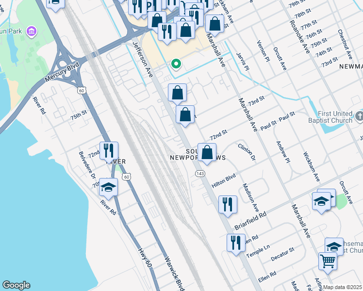 map of restaurants, bars, coffee shops, grocery stores, and more near 5964 Jefferson Avenue in Newport News