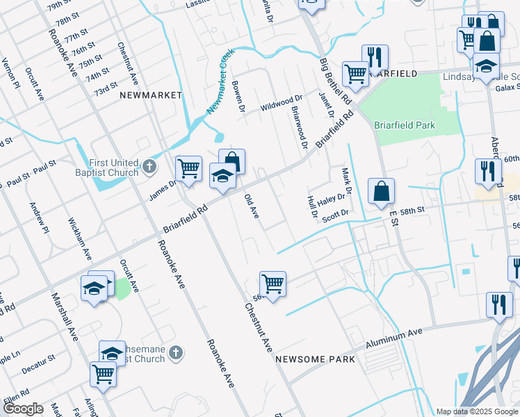 map of restaurants, bars, coffee shops, grocery stores, and more near 6012 Old Avenue in Newport News