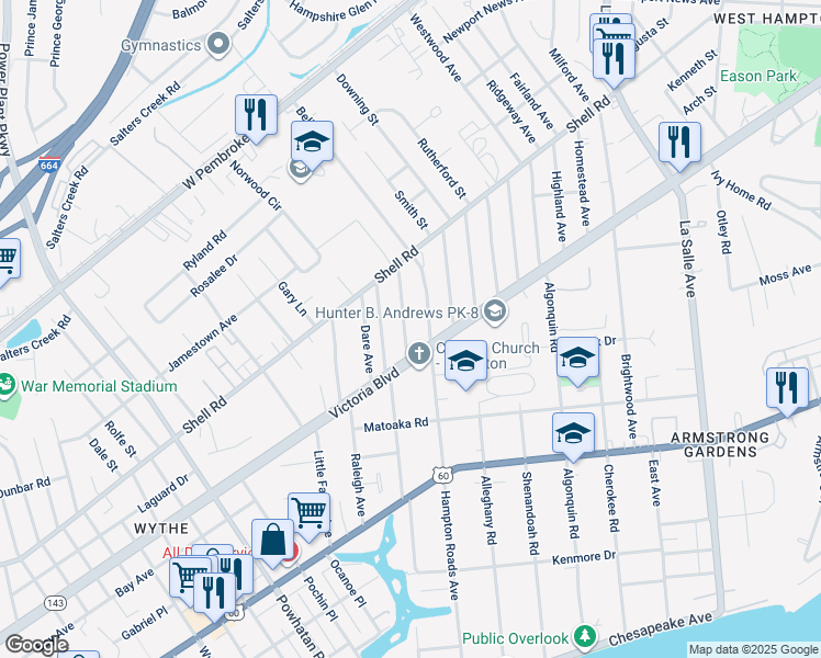 map of restaurants, bars, coffee shops, grocery stores, and more near 408 Glendale Road in Hampton