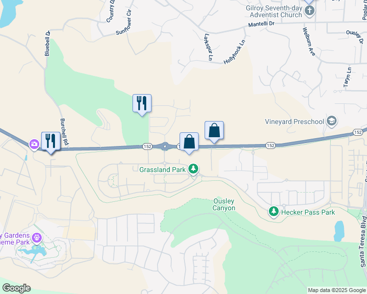 map of restaurants, bars, coffee shops, grocery stores, and more near Hecker Pass Highway in Gilroy