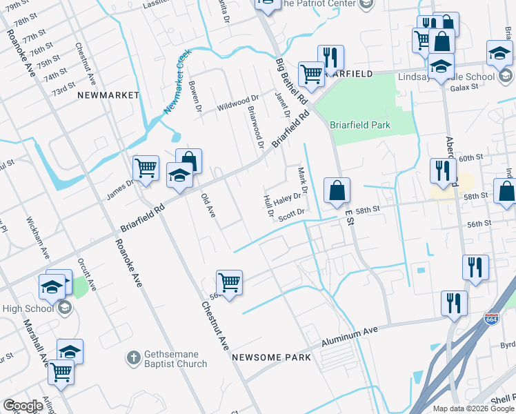 map of restaurants, bars, coffee shops, grocery stores, and more near 25 Myra Drive in Hampton
