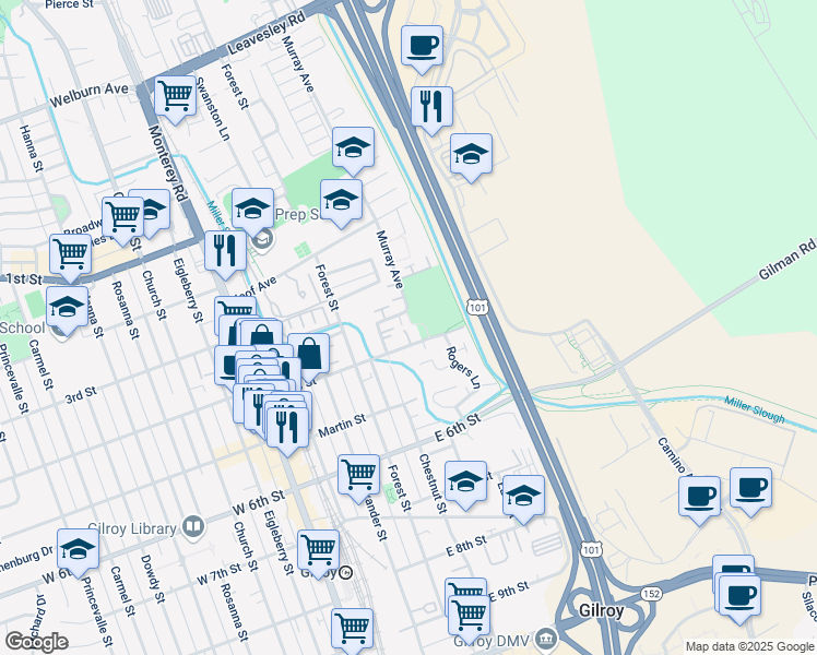 map of restaurants, bars, coffee shops, grocery stores, and more near 431 Lewis Street in Gilroy