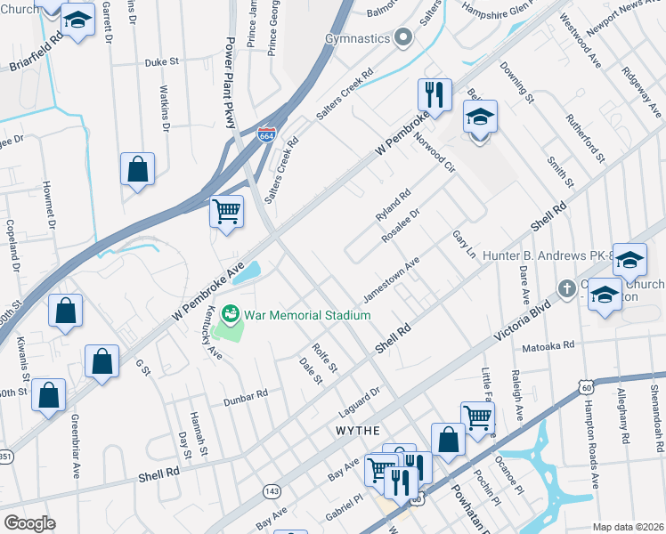 map of restaurants, bars, coffee shops, grocery stores, and more near 2703 Rosalee Drive in Hampton