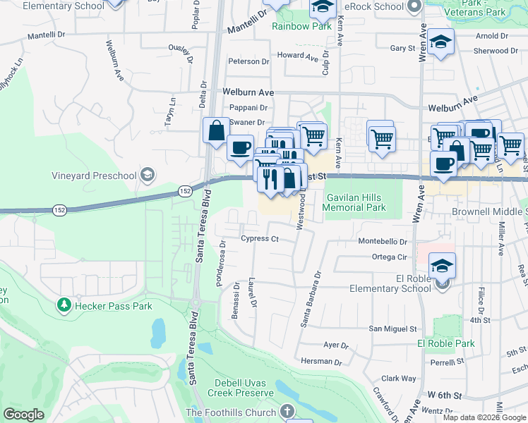 map of restaurants, bars, coffee shops, grocery stores, and more near 1271 Juniper Drive in Gilroy