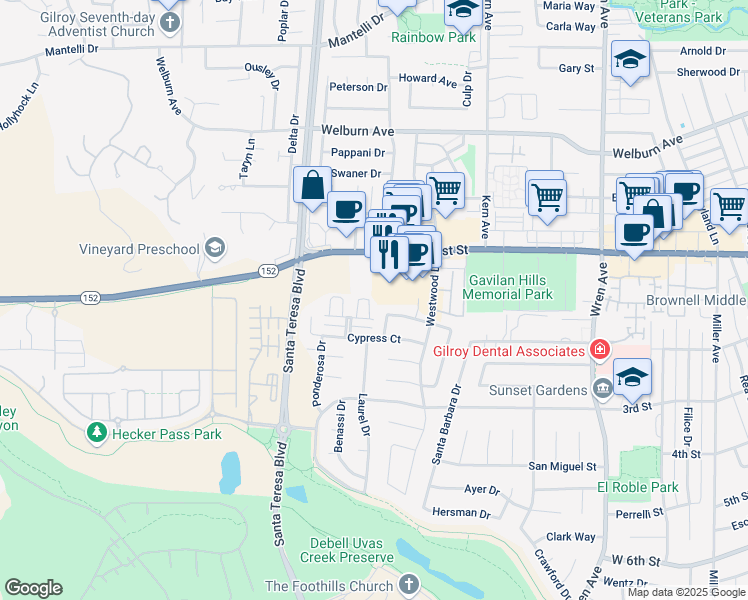 map of restaurants, bars, coffee shops, grocery stores, and more near 7950 English Oak Circle in Gilroy