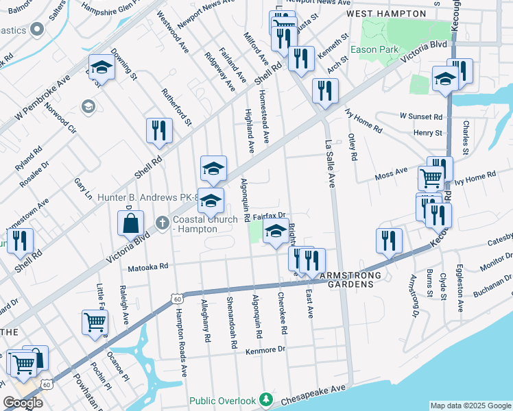 map of restaurants, bars, coffee shops, grocery stores, and more near 414-422 Algonquin Road in Hampton