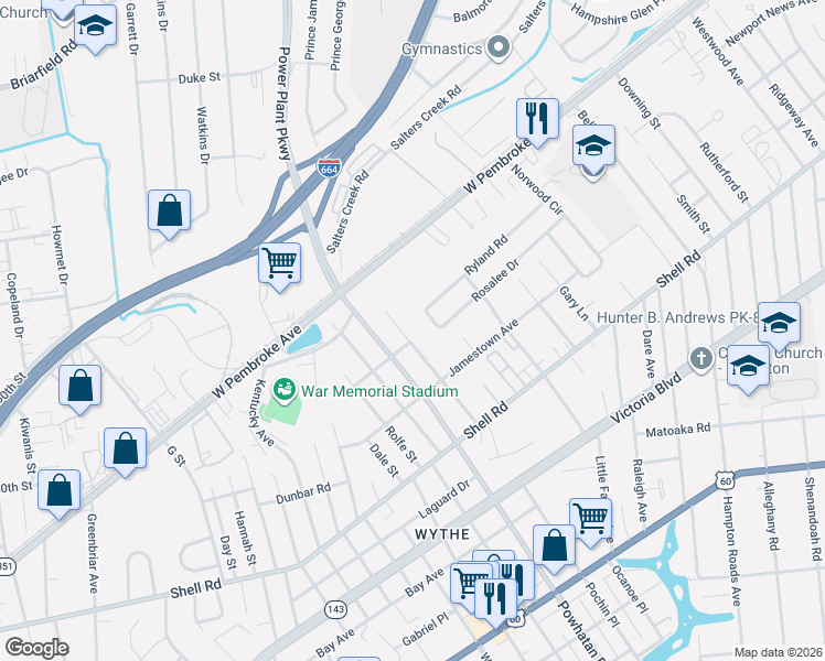 map of restaurants, bars, coffee shops, grocery stores, and more near 2703 Rosalee Drive in Hampton