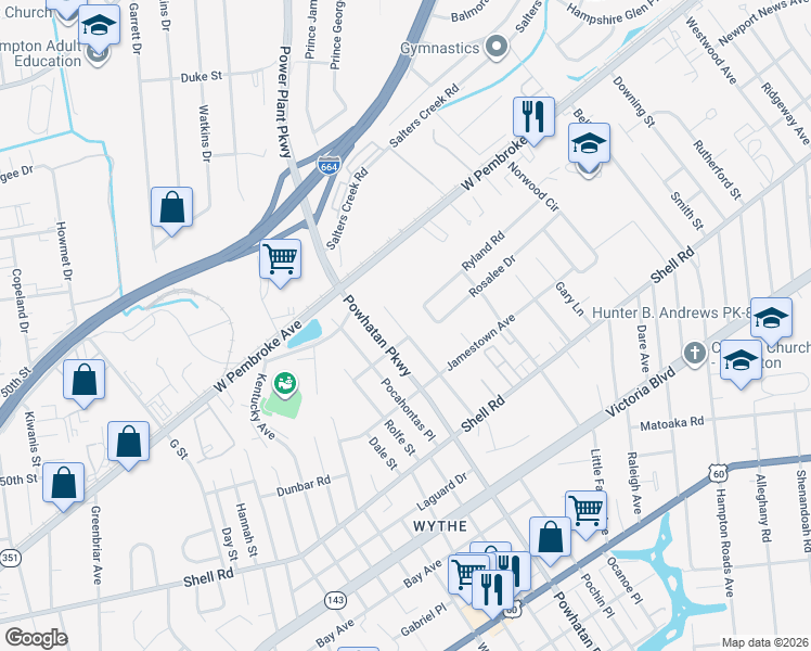 map of restaurants, bars, coffee shops, grocery stores, and more near 818 Teach Street in Hampton