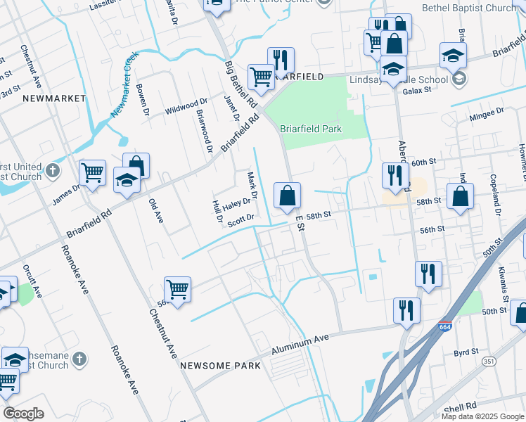 map of restaurants, bars, coffee shops, grocery stores, and more near 1555 Mark Drive in Hampton