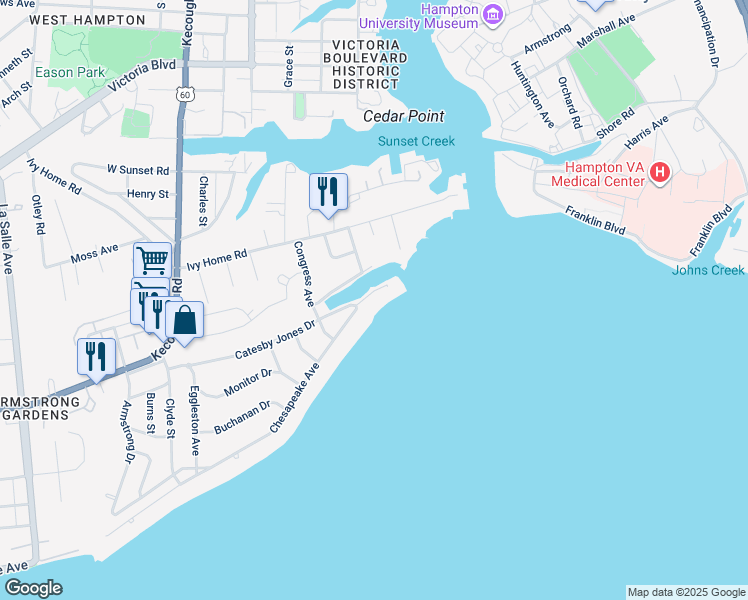 map of restaurants, bars, coffee shops, grocery stores, and more near 4412 Chesapeake Avenue in Hampton
