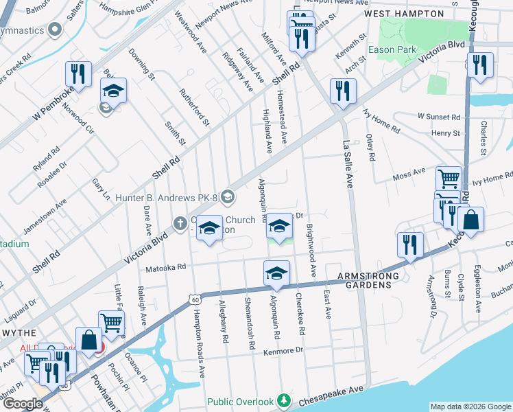 map of restaurants, bars, coffee shops, grocery stores, and more near 421 Algonquin Road in Hampton