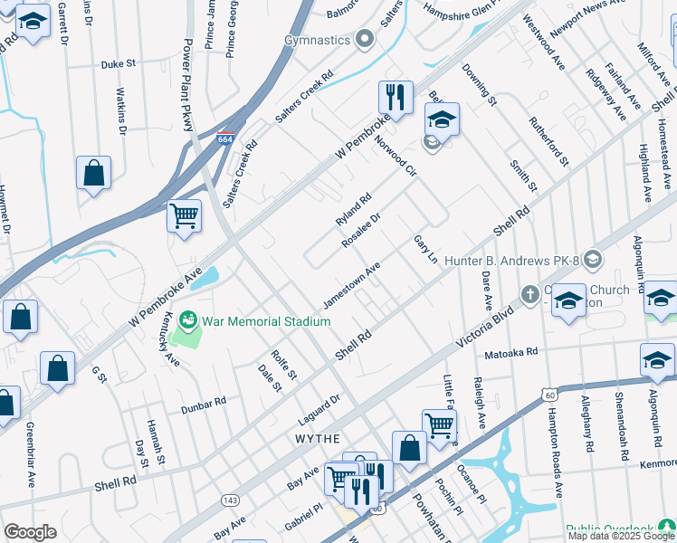 map of restaurants, bars, coffee shops, grocery stores, and more near 706 Bates Street in Hampton