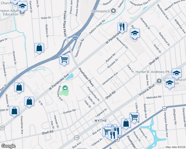 map of restaurants, bars, coffee shops, grocery stores, and more near 818 Teach Street in Hampton