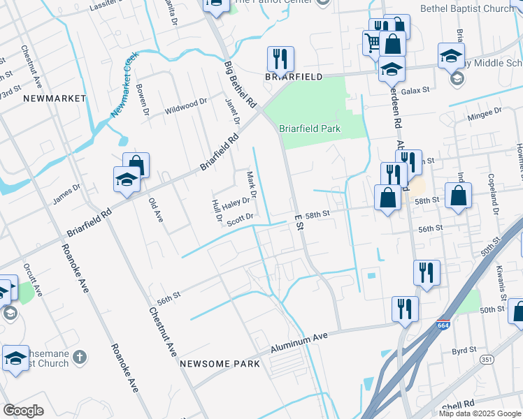 map of restaurants, bars, coffee shops, grocery stores, and more near 1555 Mark Drive in Hampton
