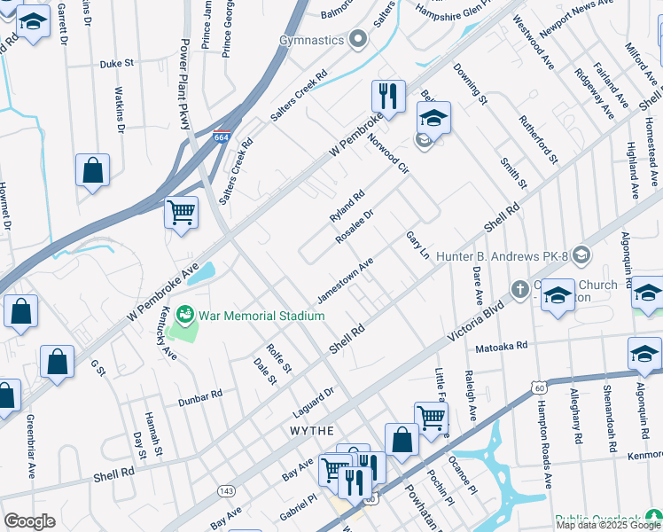 map of restaurants, bars, coffee shops, grocery stores, and more near 706 Bates Street in Hampton
