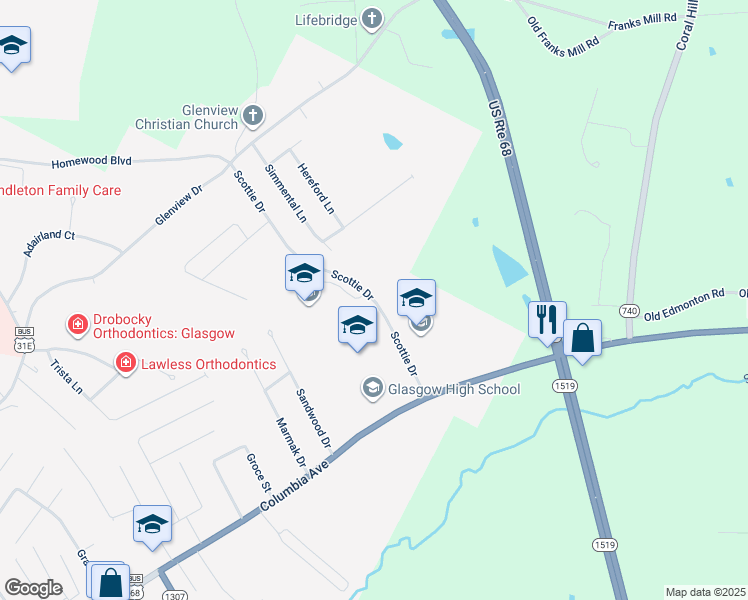 map of restaurants, bars, coffee shops, grocery stores, and more near 105 Scottie Drive in Glasgow