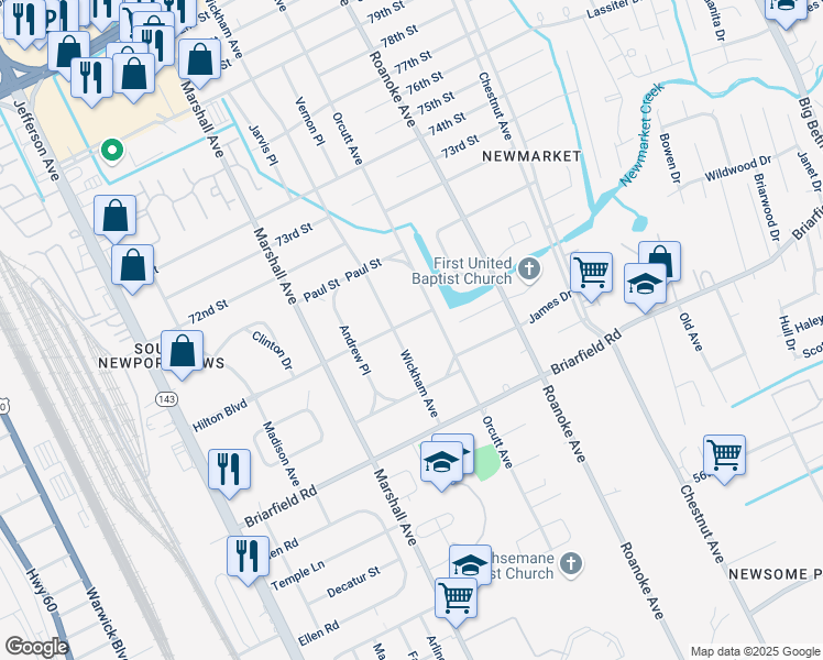 map of restaurants, bars, coffee shops, grocery stores, and more near 803 Hilton Boulevard in Newport News