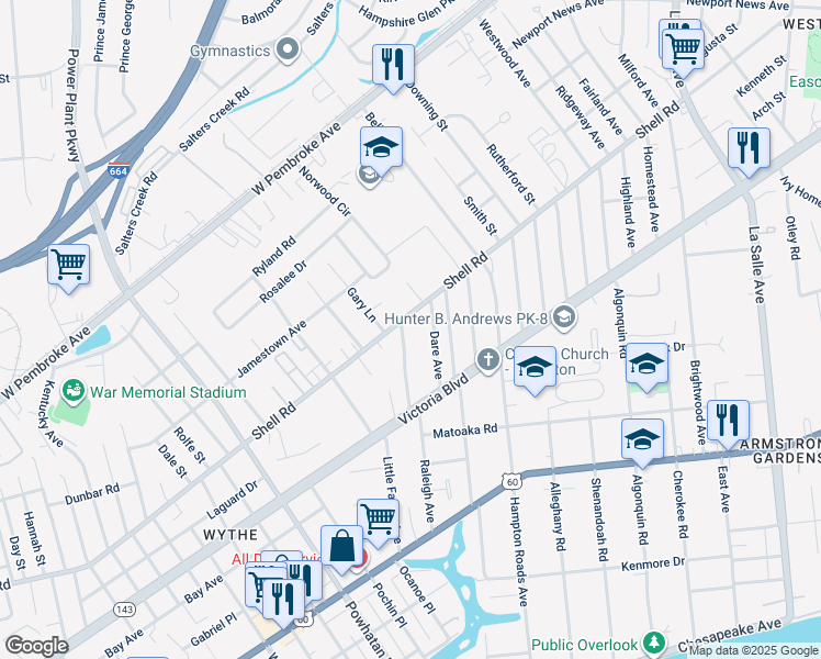 map of restaurants, bars, coffee shops, grocery stores, and more near 466 Raleigh Avenue in Hampton