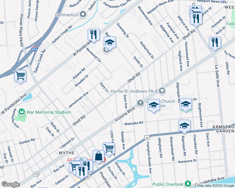 map of restaurants, bars, coffee shops, grocery stores, and more near 466 Raleigh Avenue in Hampton