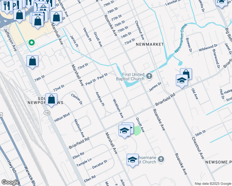 map of restaurants, bars, coffee shops, grocery stores, and more near 803 Hilton Boulevard in Newport News