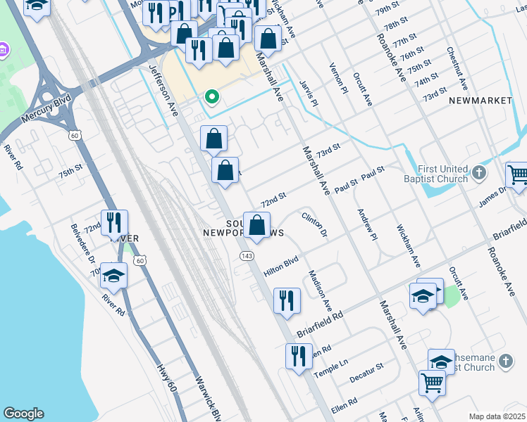 map of restaurants, bars, coffee shops, grocery stores, and more near 618 72nd Street in Newport News