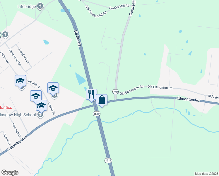 map of restaurants, bars, coffee shops, grocery stores, and more near 78 Deans Trace Road in Glasgow