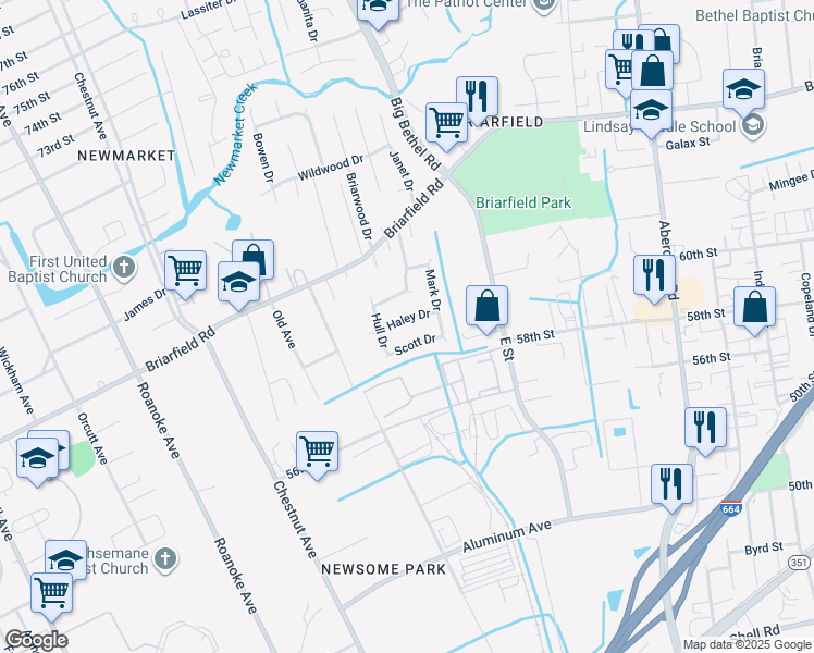 map of restaurants, bars, coffee shops, grocery stores, and more near 11 Haley Drive in Hampton