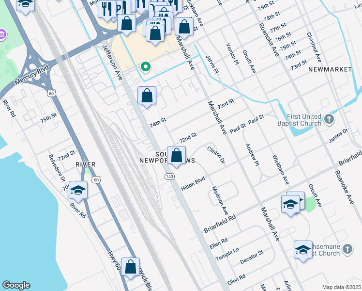 map of restaurants, bars, coffee shops, grocery stores, and more near 618 72nd Street in Newport News