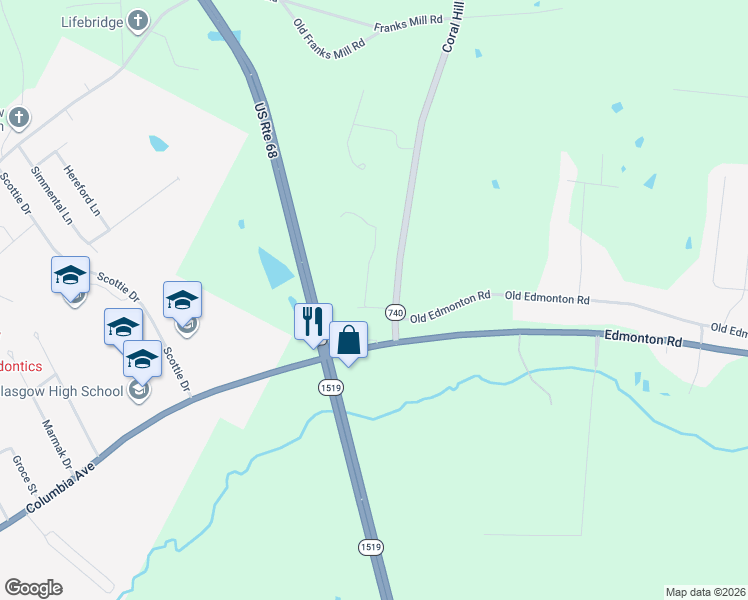 map of restaurants, bars, coffee shops, grocery stores, and more near 78-86 South Deans Trace in Glasgow