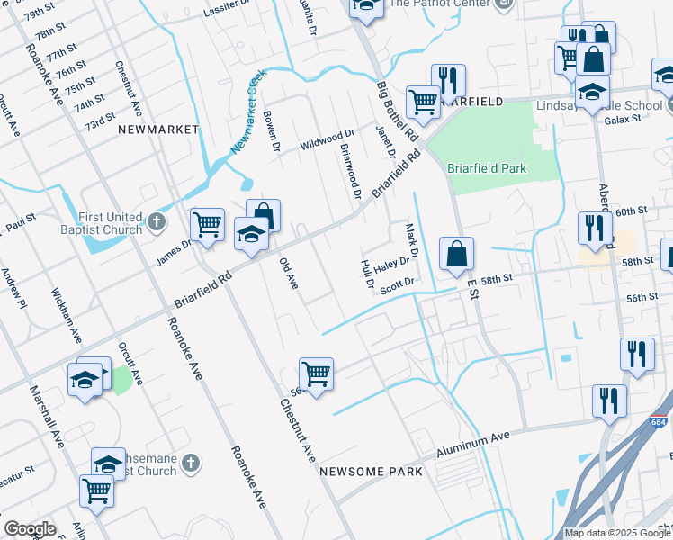 map of restaurants, bars, coffee shops, grocery stores, and more near 6008 Potomac Avenue in Hampton